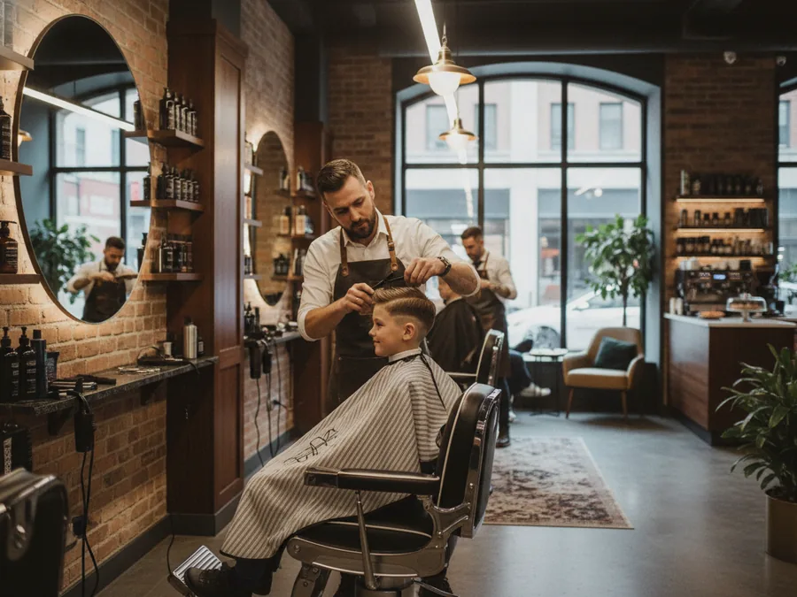 Corte infantil em barbearia urbana