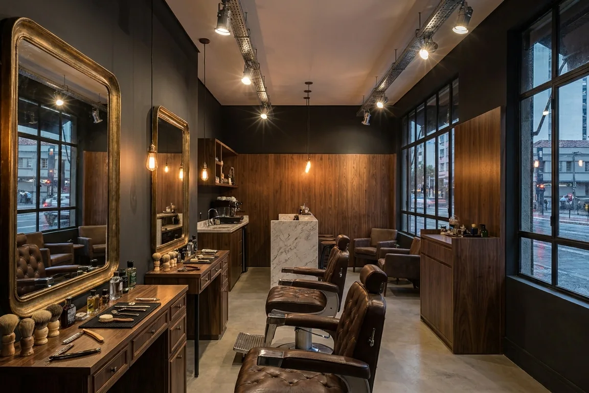 Ambiente interno sofisticado da barbearia urbana Mestres da Navalha